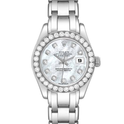 The Rolex Pearlmaster 80299 Women's White Gold Mother of Pearl Dial watch is shown from a top view, highlighting its bezel, dial, bracelet, and crown.
