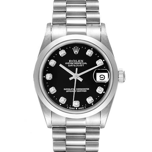 This image shows a front view of the Rolex President 68246 Women's Platinum Black Dial 68246 Women's Platinum Black Dial Datejust watch, highlighting its black dial, date window, and bracelet.