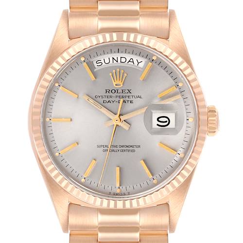 The Rolex President 1803 Men's Rose Gold Silver Dial 1803 Men's Rose Gold Silver Dial model watch is shown in a front view, displaying the dial, day, date windows, and bracelet.
