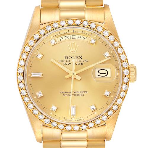 The Rolex President 18048 Men's Yellow Gold Champagne Dial model watch is shown from a front angle, highlighting its diamond bezel, dial, and bracelet.