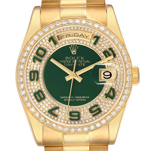 This image shows a front view of a Rolex President 118348 Men's Yellow Gold Green Dial 118348 Men's Yellow Gold Green Dial Day-Date watch, featuring a green dial, diamond bezel, and gold bracelet.