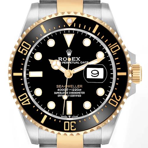 The Rolex Sea-Dweller 126603 Men's Steel and Gold (two tone) Black Dial watch is shown from a front angle, highlighting its face, bezel, hands, date, and part of the bracelet.