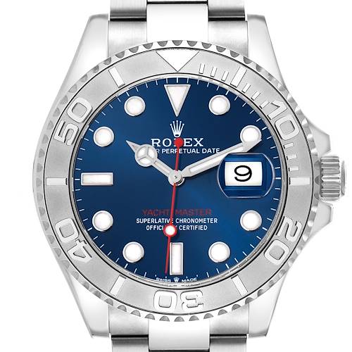 The Rolex Yacht-Master 126622 Men's Stainless Steel Blue Dial watch is shown from a front angle, displaying the dial, bezel, case, and part of the bracelet.