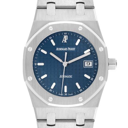 The Audemars Piguet Royal Oak 15000ST.OO.0789ST.05 Men's Stainless Steel Blue Dial watch is shown from the front, highlighting the dial, bezel, bracelet, and crown.