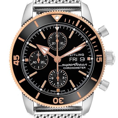 The Breitling Superocean U13313 Men's Stainless Steel Black Dial watch is shown from a front angle, highlighting its dial, bezel, and pushers.