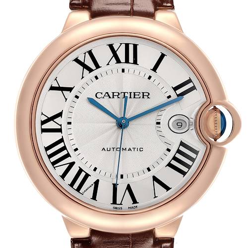 The Cartier Ballon Bleu WGBB0017 Men's Rose Gold Silver Dial watch is shown in a front angle, displaying the face, Roman numerals, hands, and date window.