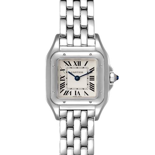 The image shows a Cartier Panthere WSPN0006 Women's Stainless Steel Silver Dial WSPN0006 Women's Stainless Steel Silver Dial watch from a top-down angle, highlighting its face, Roman numerals, and linked bracelet.