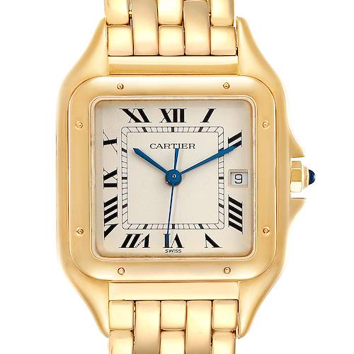 This image shows a front view of a Cartier Panthere W25014B9 Women's Yellow Gold Silver Dial W25014B9 Women's Yellow Gold Silver Dial watch, highlighting its gold case, blue hands, Roman numeral dial, and part of the bracelet.