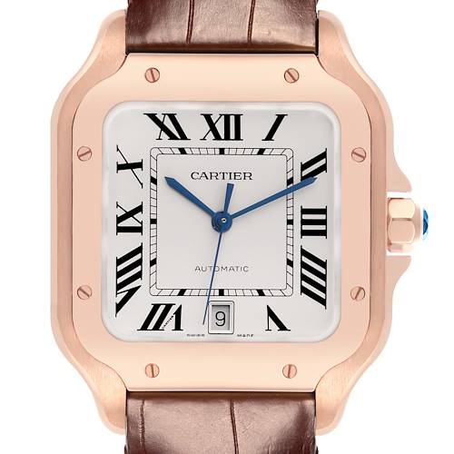 The image shows a front view of the Cartier Santos WGSA0019 Men's Rose Gold Silver Dial WGSA0019 Men's Rose Gold Silver Dial watch, displaying the face, hands, date, case, and part of the strap.