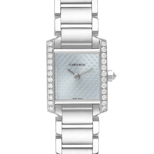 The Cartier Tank Francaise 2403 Women's White Gold Blue Dial 2403 Women's White Gold Blue Dial watch is shown from the front, highlighting the bracelet, face, and diamond-studded bezel.