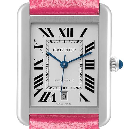 The Cartier Tank Solo WSTA0029 Men's Stainless Steel Silver Dial WSTA0029 Men's Stainless Steel Silver Dial watch is shown front-facing, displaying the dial and pink leather strap.