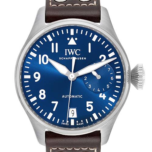The image shows a front view of the IWC Pilot IW501002 Men's Stainless Steel Blue Dial IW501002 Men's Stainless Steel Blue Dial model watch, displaying its blue dial, date window, and brown leather strap.