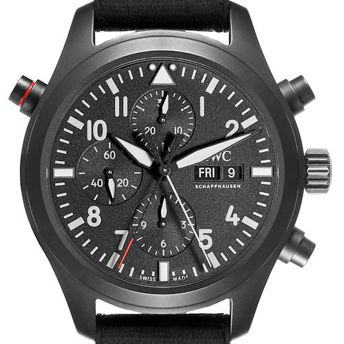 The IWC Pilot IW371815 Men's Ceramic Black Dial IW371815 Men's Ceramic Black Dial watch is shown from the front, highlighting its chronograph dials and date display.