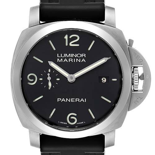 The image shows a front view of a Panerai Luminor PAM00312 Men's Stainless Steel Black Dial PAM00312 Men's Stainless Steel Black Dial Marina watch, displaying its face, hands, and crown guard.