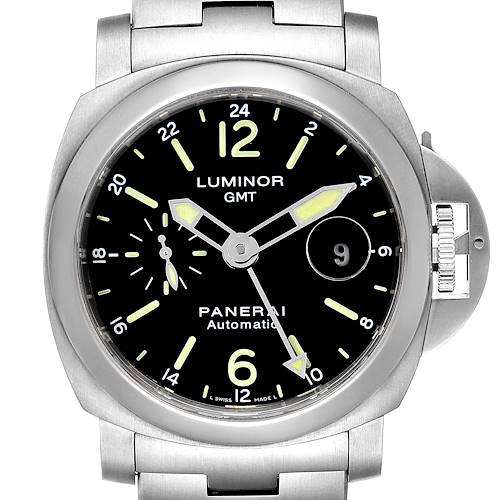 The image shows a front view of the Panerai Luminor PAM00297 Men's Stainless Steel Black Dial PAM00297 Men's Stainless Steel Black Dial GMT watch, displaying its face, hands, and case.