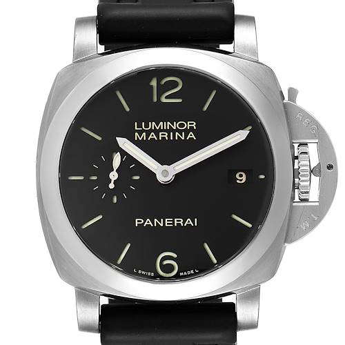 This image shows a front view of a Panerai Luminor PAM00392 Men's Stainless Steel Black Dial PAM00392 Men's Stainless Steel Black Dial Marina watch, prominently displaying its black dial and cushion-shaped case.