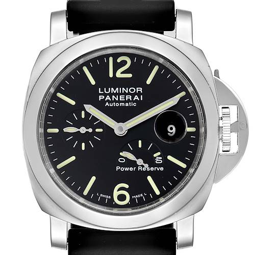 This image shows a front view of the Panerai Luminor PAM00090 Men's Stainless Steel Black Dial PAM00090 Men's Stainless Steel Black Dial watch, highlighting its dial, hands, date window, and crown guard.