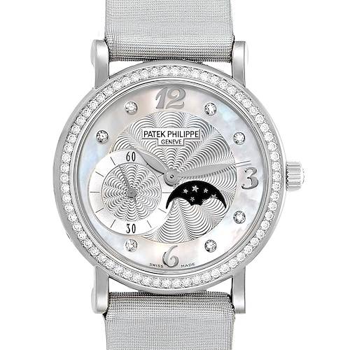 This image shows a front view of the Patek Philippe Calatrava 4958G Women's White Gold Mother of Pearl Dial 4958G Women's White Gold Mother of Pearl Dial watch, highlighting its intricate dial and diamond-studded bezel.