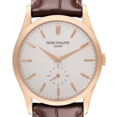 The image shows a frontal view of the Patek Philippe Calatrava 5196R Men's Rose Gold Silver Dial watch displaying its dial, hands, and brown leather strap.