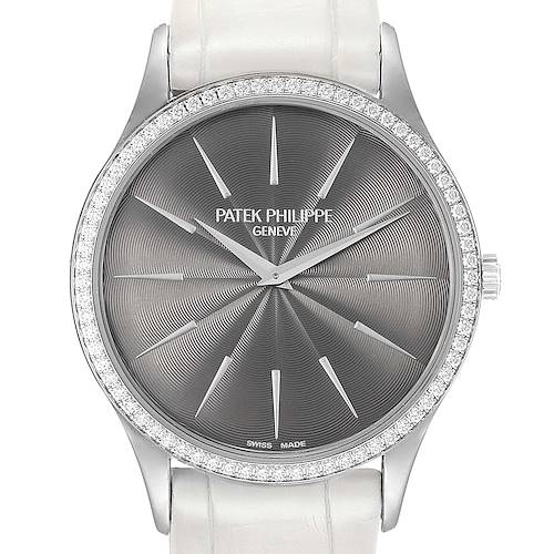 This image shows a front view of the Patek Philippe Calatrava 4897G Women's White Gold Silver Dial 4897G Women's White Gold Silver Dial watch, highlighting the dial, hands, bezel, and part of the strap.