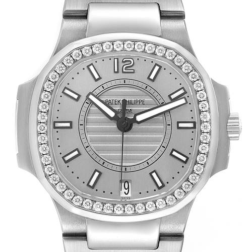 The Patek Philippe Nautilus 7008A Women's Stainless Steel Silver Dial watch is shown from a front view, highlighting the face, bezel, and part of the bracelet.