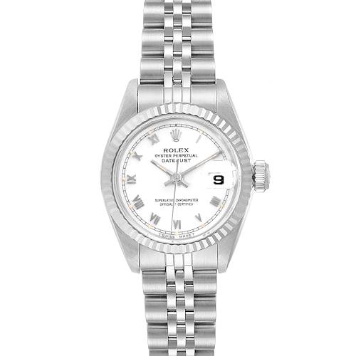 This image shows a front view of the Rolex Datejust 69174 Women's Stainless Steel White Dial 69174 Women's Stainless Steel White Dial watch, highlighting its face, bezel, crown, and bracelet.