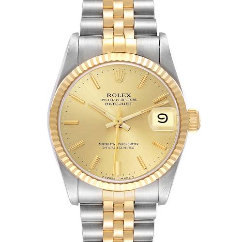 The Rolex Mid-Size 68273 Women's Steel and Gold (two tone) Champagne Dial Datejust watch is shown from the front, highlighting the gold dial, fluted bezel, and two-tone Jubilee bracelet.