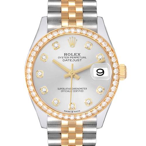 The Rolex Mid-Size 278383 Women's Steel and Gold (two tone) Silver Dial Datejust watch is shown from the front, displaying the dial, diamond bezel, and part of the bracelet.