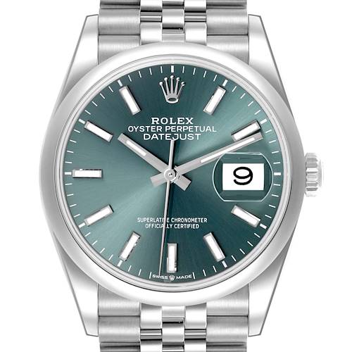 The Rolex Datejust 126200 Men's Stainless Steel Green Dial 126200 Men's Stainless Steel Green Dial watch is shown from the front, displaying its dial, hands, date window, and bracelet.
