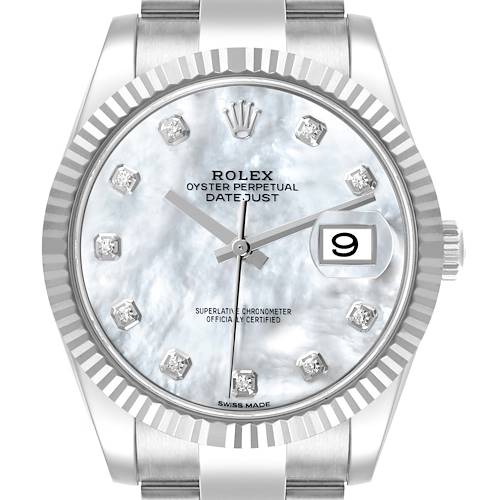 The Rolex Datejust 41 126334 Men's Stainless Steel Mother of Pearl Dial 126334 Men's Stainless Steel Mother of Pearl Dial shows a front view with the bezel, dial, indices, and date window prominently displayed.