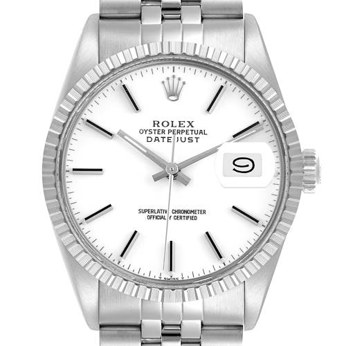 The Rolex Vintage Collection 16030 Men's Stainless Steel White Dial 16030 Men's Stainless Steel White Dial model is shown from a front angle, highlighting the dial, hands, date window, and bezel.
