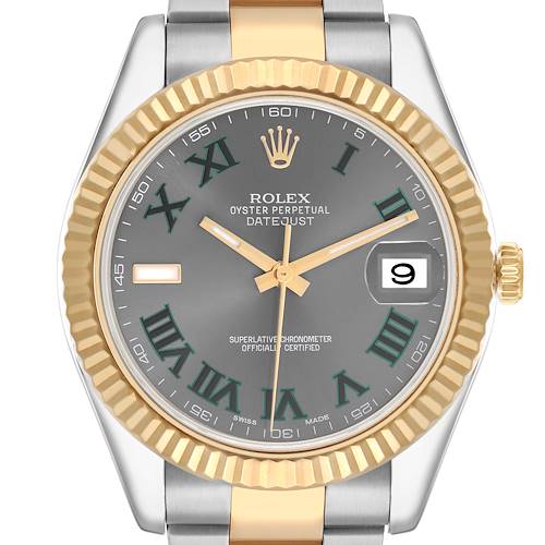 The Rolex Datejust 41 116333 Men's Steel and Gold (two tone) Silver Dial watch is shown from a front angle, displaying its dial, two-tone bezel, crown, and part of the bracelet.