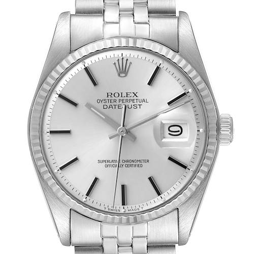 The Rolex Vintage Collection 1603 Men's Stainless Steel Silver Dial 1603 Men's Stainless Steel Silver Dial model is shown from the front, displaying its dial, bezel, and part of the bracelet.
