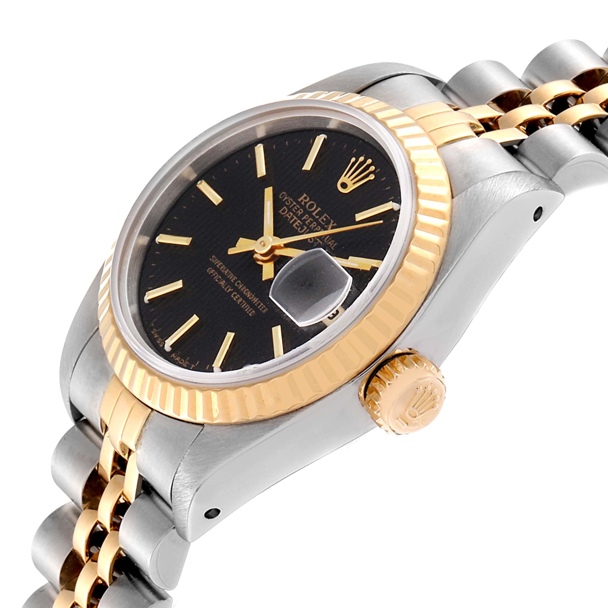 The image shows a side-angle view of a Rolex Datejust 69173 Women's Steel and Gold (two tone) Black Dial 69173 Women's Steel and Gold (two tone) Black Dial watch with its crown, bezel, and black dial visible.