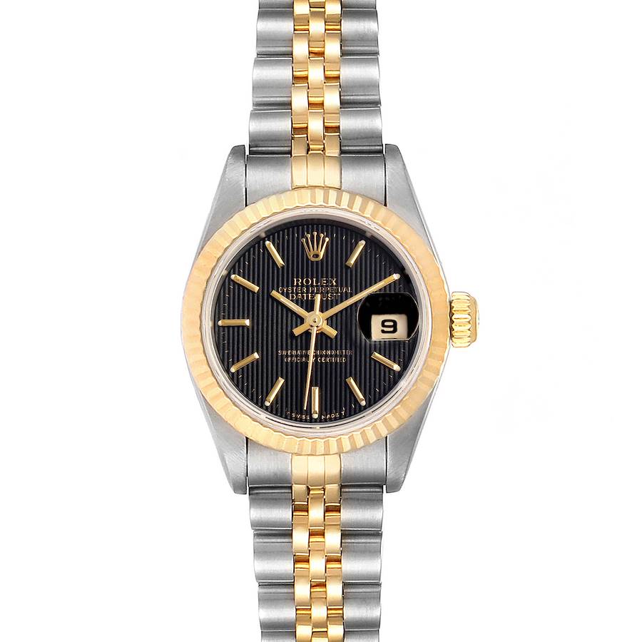 The Rolex Datejust 69173 Women's Steel and Gold (two tone) Black Dial 69173 Women's Steel and Gold (two tone) Black Dial watch is shown from a top-down angle, displaying its dial, bezel, and bracelet.