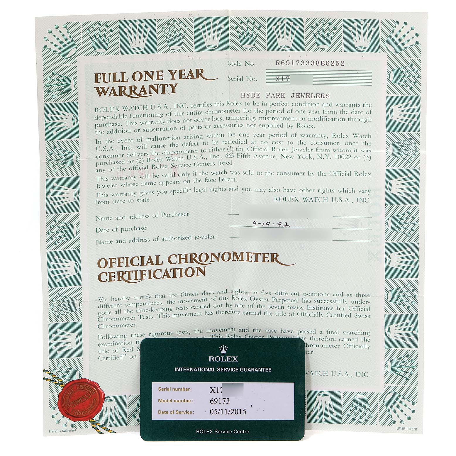 The image shows the warranty and official chronometer certification documents for a Rolex Datejust 69173 Women's Steel and Gold (two tone) Black Dial 69173 Women's Steel and Gold (two tone) Black Dial watch.