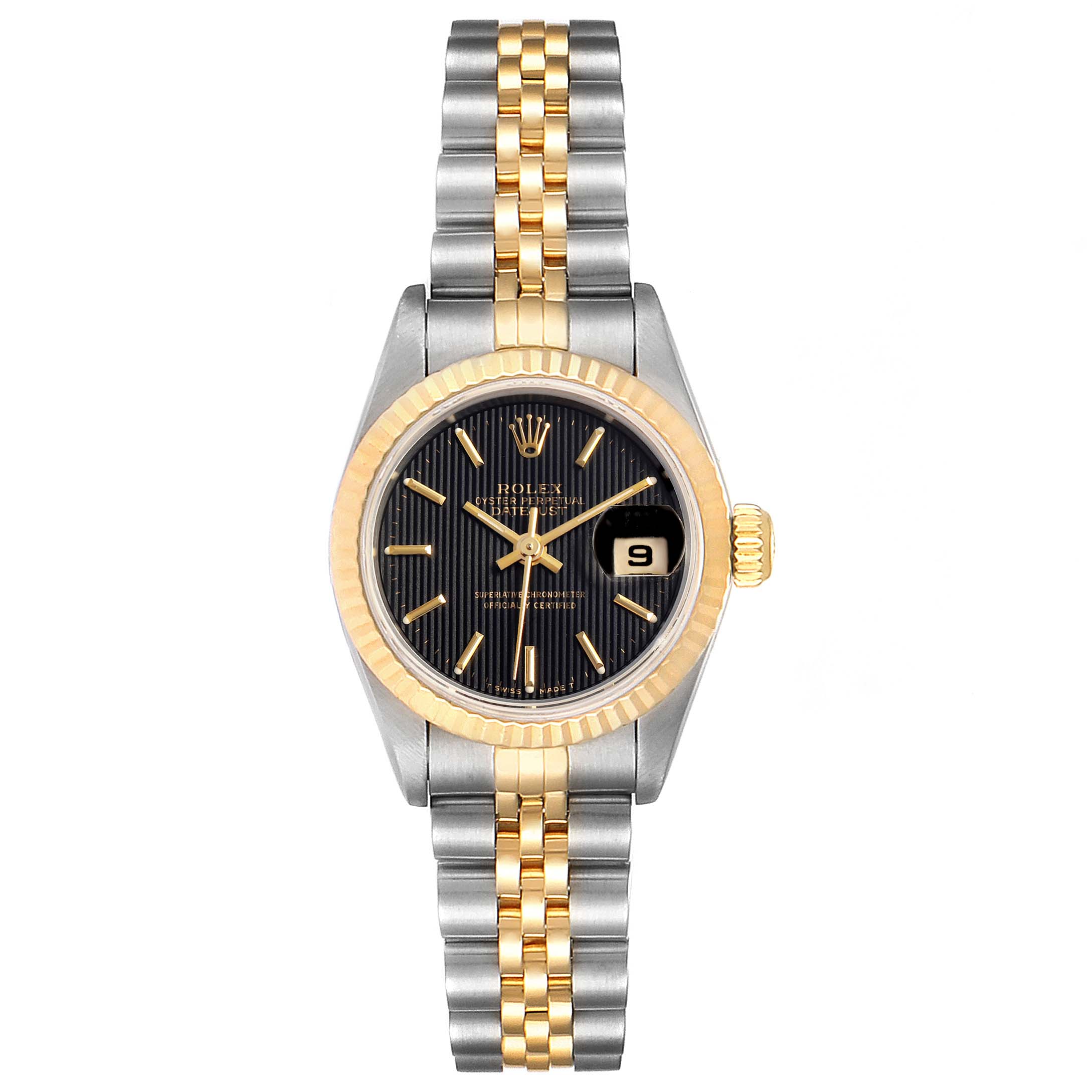 The image shows a Rolex Datejust 69173 Women's Steel and Gold (two tone) Black Dial 69173 Women's Steel and Gold (two tone) Black Dial watch from a top-down angle, highlighting its face, bezel, and two-tone bracelet.
