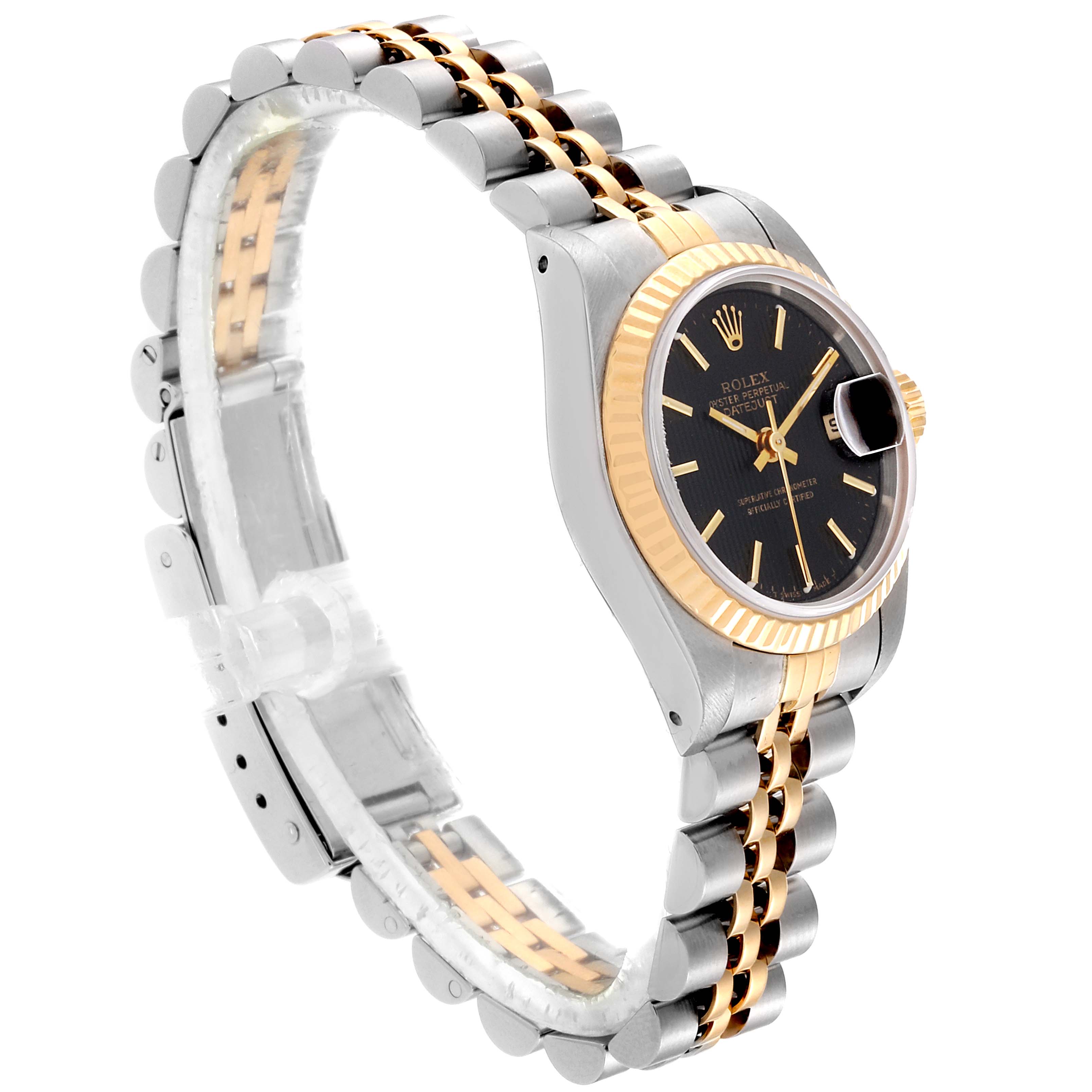 This is a Rolex Datejust 69173 Women's Steel and Gold (two tone) Black Dial 69173 Women's Steel and Gold (two tone) Black Dial watch shown at a 3/4 angle, highlighting the face, bezel, and two-tone bracelet.