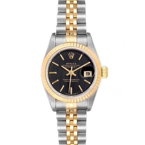 This image shows a front view of a Rolex Datejust 69173 Women's Steel and Gold (two tone) Black Dial 69173 Women's Steel and Gold (two tone) Black Dial watch, displaying the face, bezel, crown, and bracelet.