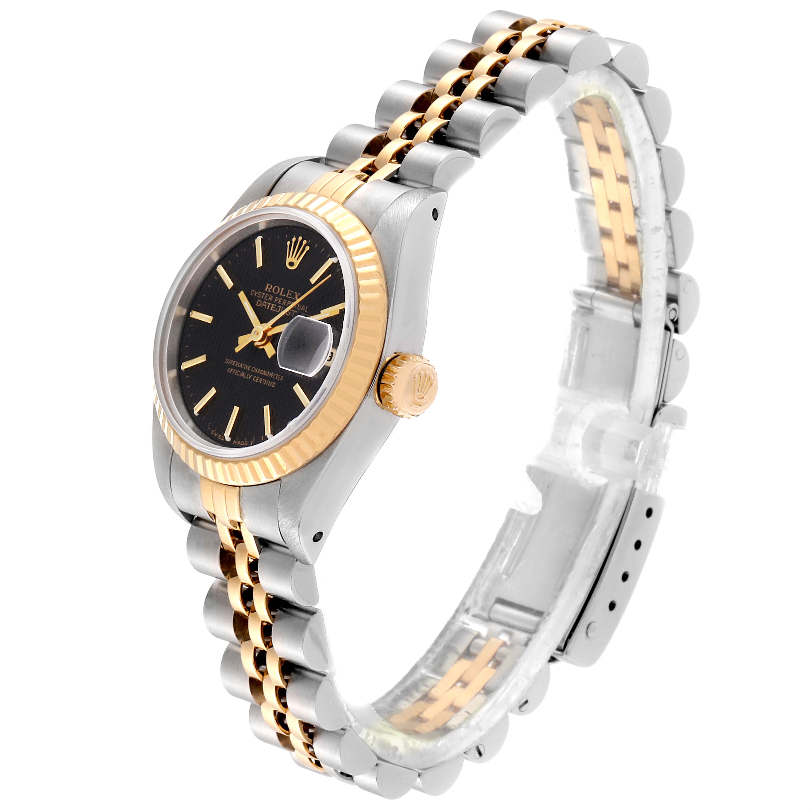 This Rolex Datejust 69173 Women's Steel and Gold (two tone) Black Dial 69173 Women's Steel and Gold (two tone) Black Dial watch is shown at a three-quarter angle, displaying the face, crown, and two-tone bracelet.