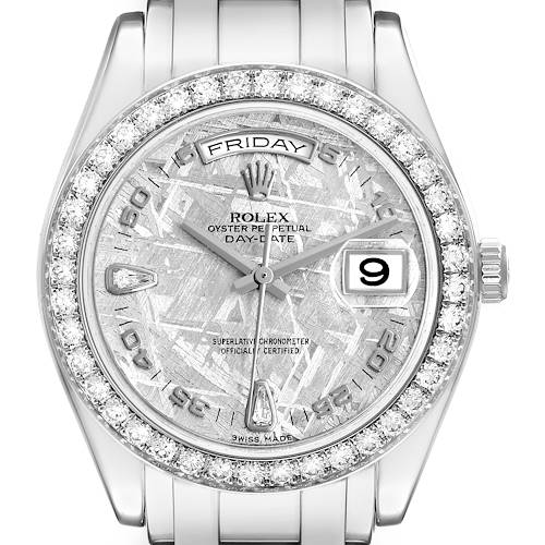 The image shows a Rolex Pearlmaster 18946 Men's Platinum Silver Dial watch from a straight-on angle, highlighting its detailed dial, bejeweled bezel, and bracelet.