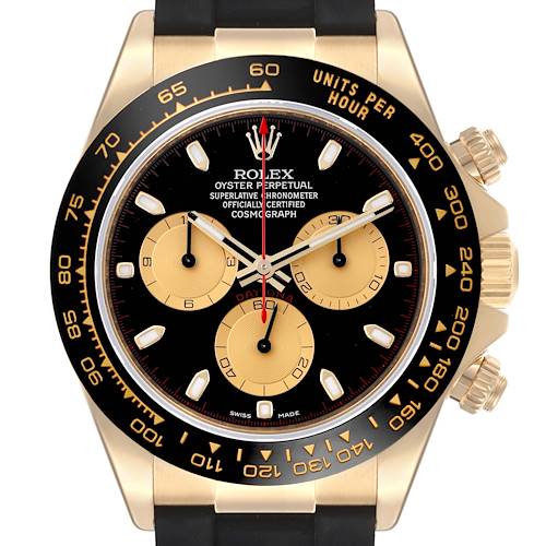 The image shows a frontal view of the Rolex Daytona 116518LN Men's Yellow Gold Black Dial 116518LN Men's Yellow Gold Black Dial watch, highlighting its black and gold dial and bezel.