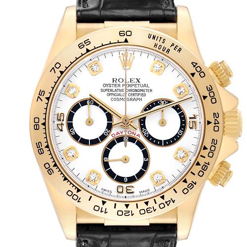 The Rolex Daytona 16518 Men's Yellow Gold White Dial is shown from the front, highlighting the dial, bezel, subdials, and crown.