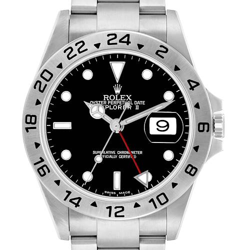 The image shows a front view of a Rolex Explorer 16570 Men's Stainless Steel Black Dial II watch, featuring the dial, bezel, and bracelet.