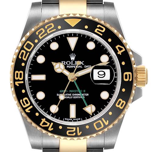 The Rolex GMT-Master 116713 Men's Steel and Gold (two tone) Black Dial 116713 Men's Steel and Gold (two tone) Black Dial watch is shown from the front, highlighting its bezel, dial, and hands.