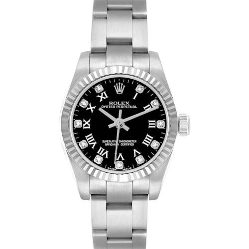 The Rolex Oyster Perpetual 176234 Women's Stainless Steel Black Dial watch is shown from the front, displaying its face, bezel, crown, and bracelet.