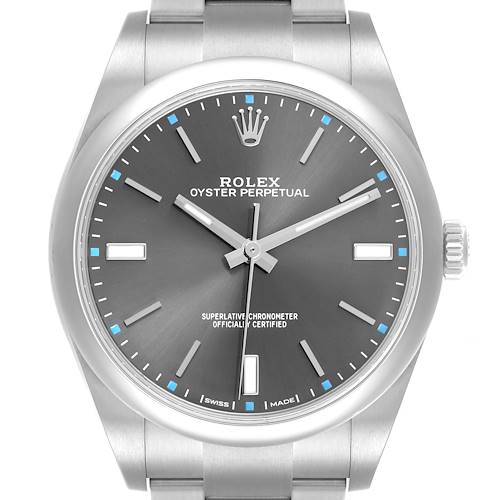 The Rolex Oyster Perpetual 114300 Men's Stainless Steel Grey Dial 114300 Men's Stainless Steel Grey Dial watch is shown from a direct front angle, displaying the dial, hands, and bracelet top.