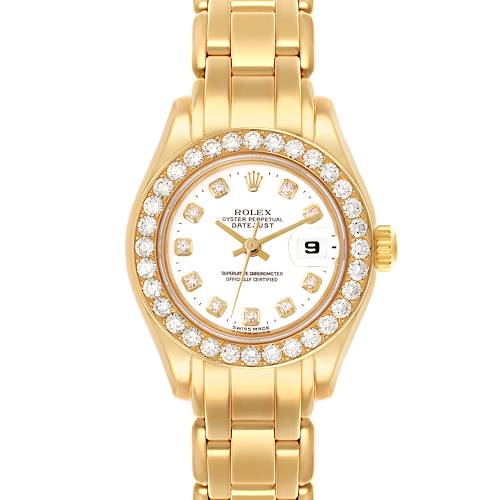 The Rolex Pearlmaster 69298 Women's Yellow Gold White Dial 69298 Women's Yellow Gold White Dial watch is shown from a top view, highlighting the gold bracelet, diamond bezel, and face details.