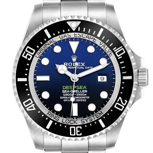 The Rolex Sea-Dweller 126660 Men's Stainless Steel Blue Dial watch is shown from a front angle, highlighting the dial, bezel, and bracelet.