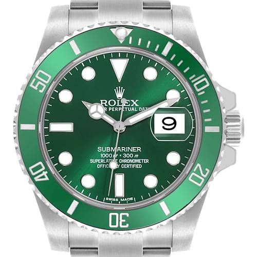 The image shows a frontal view of a Rolex Submariner 116610LV Men's Stainless Steel Green Dial 116610LV Men's Stainless Steel Green Dial, highlighting the green bezel and dial, date window, and bracelet.